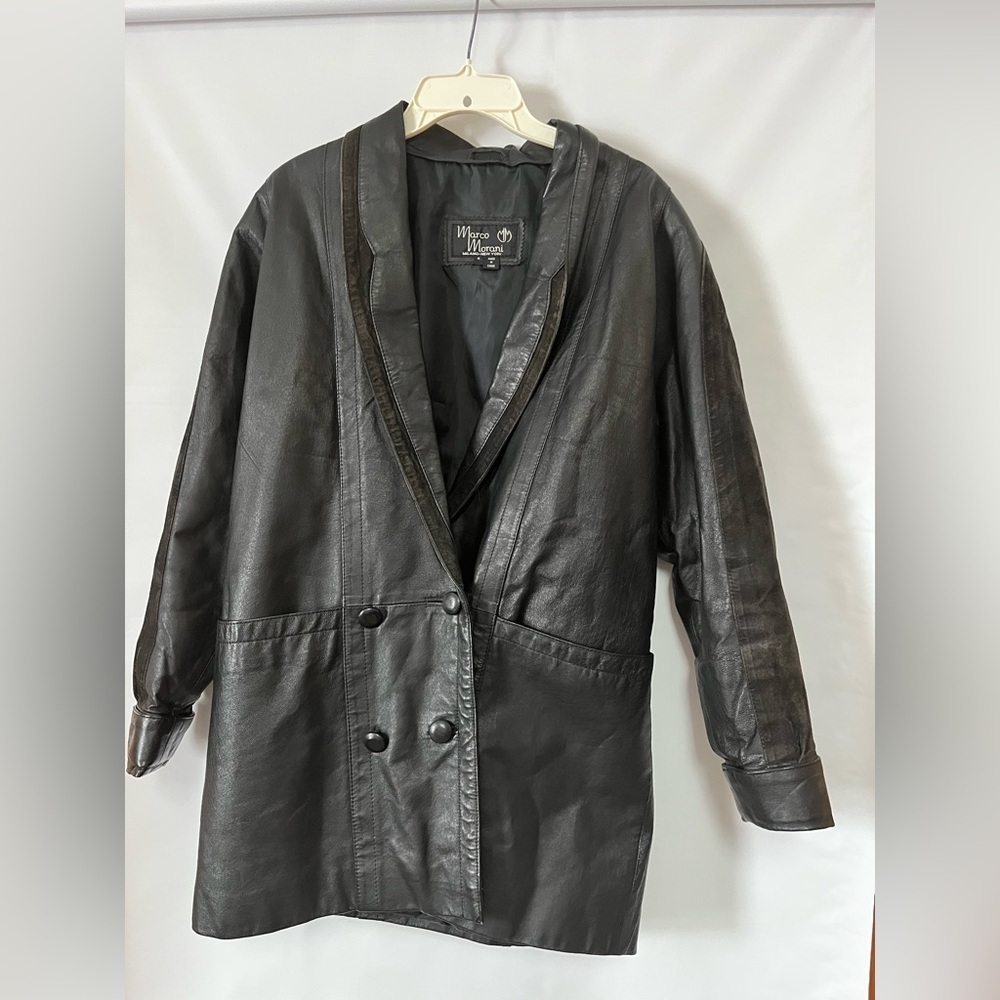 Marco Morani VTG Leather Coat Trench Womens Black Suede Trim Jacket Sz M